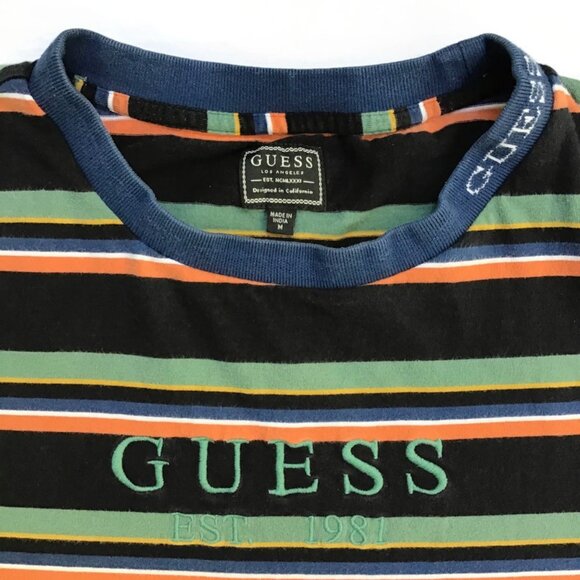 2 Guess Originals T Shirts Mens M White Gray Black Striped Retro Embroidered S/S - Picture 3 of 12